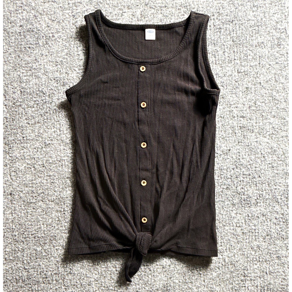 Old Navy Womens Black Ribbed Knit Button Front Tie Hem Scoop Neck Tank Top L